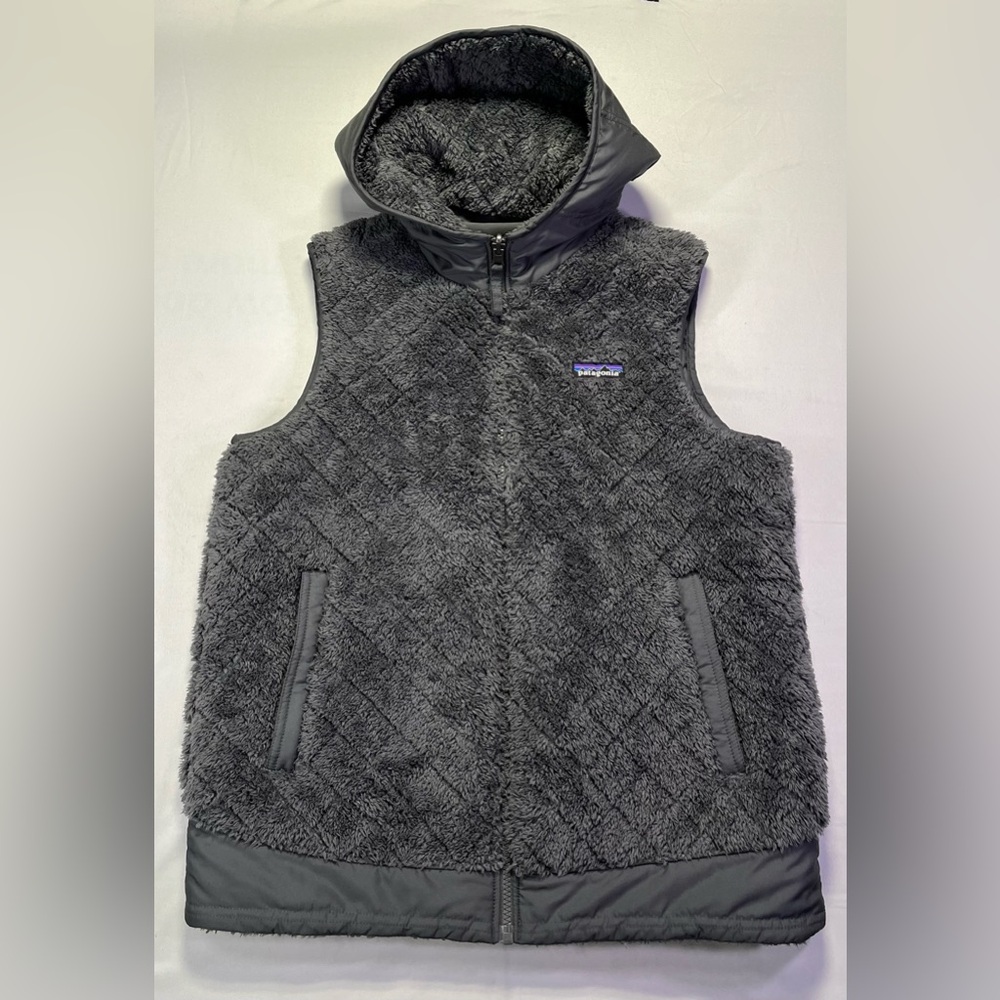 Patagonia Los Gatos Reversible Sherpa Zip Hooded Vest Fleece Grey - M - EUC!